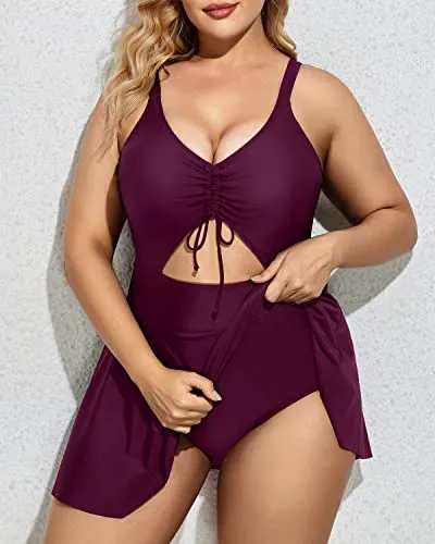 Adjustable Drawstring One Piece Swimdress Swimsuits For Women-Maroon
