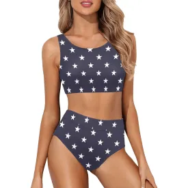 American Stars Sports Bikini Set, Navy USA Blue Patriotic High Waisted Cheeky Bottom Crop Halter Top Swimsuits Women Padded Swimwear