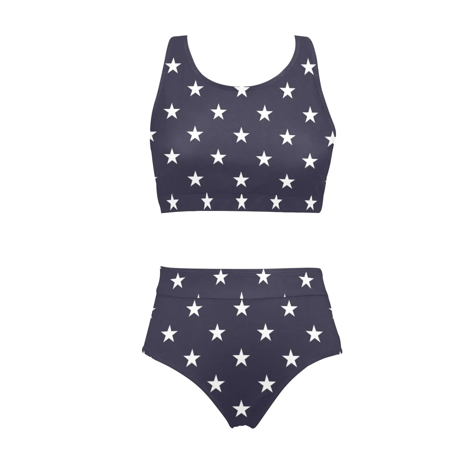 American Stars Sports Bikini Set, Navy USA Blue Patriotic High Waisted Cheeky Bottom Crop Halter Top Swimsuits Women Padded Swimwear
