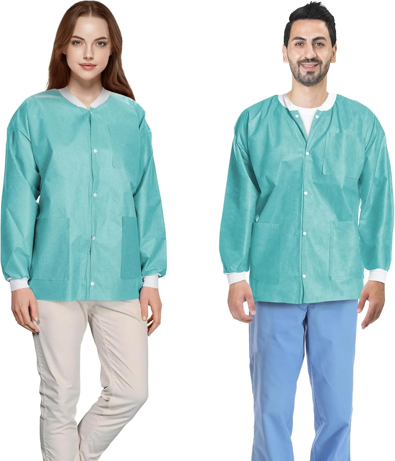 AMZ Medical Supply Teal Disposable Lab Jackets, Large. Pack of 10 Disposable Lab Coat 45 GSM SMS. Durable Medical PPE Jackets. Hip-Length Snap Front Jacket with Knit Cuffs & Collar, 3 Pockets