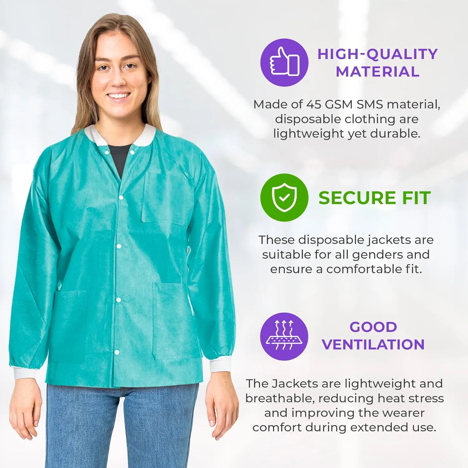 AMZ Medical Supply Teal Disposable Lab Jackets, Large. Pack of 10 Disposable Lab Coat 45 GSM SMS. Durable Medical PPE Jackets. Hip-Length Snap Front Jacket with Knit Cuffs & Collar, 3 Pockets