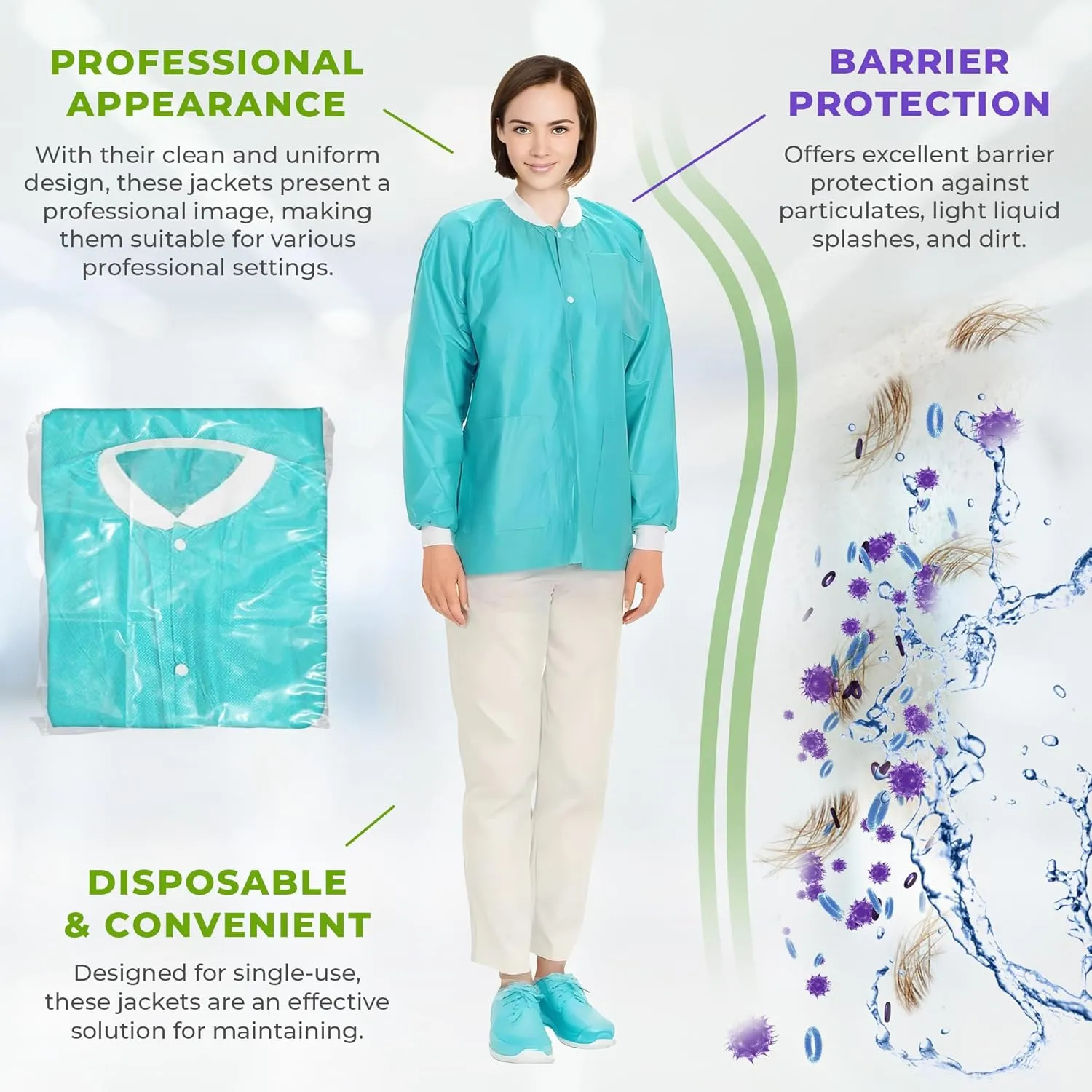 AMZ Medical Supply Teal Disposable Lab Jackets, Large. Pack of 10 Disposable Lab Coat 45 GSM SMS. Durable Medical PPE Jackets. Hip-Length Snap Front Jacket with Knit Cuffs & Collar, 3 Pockets