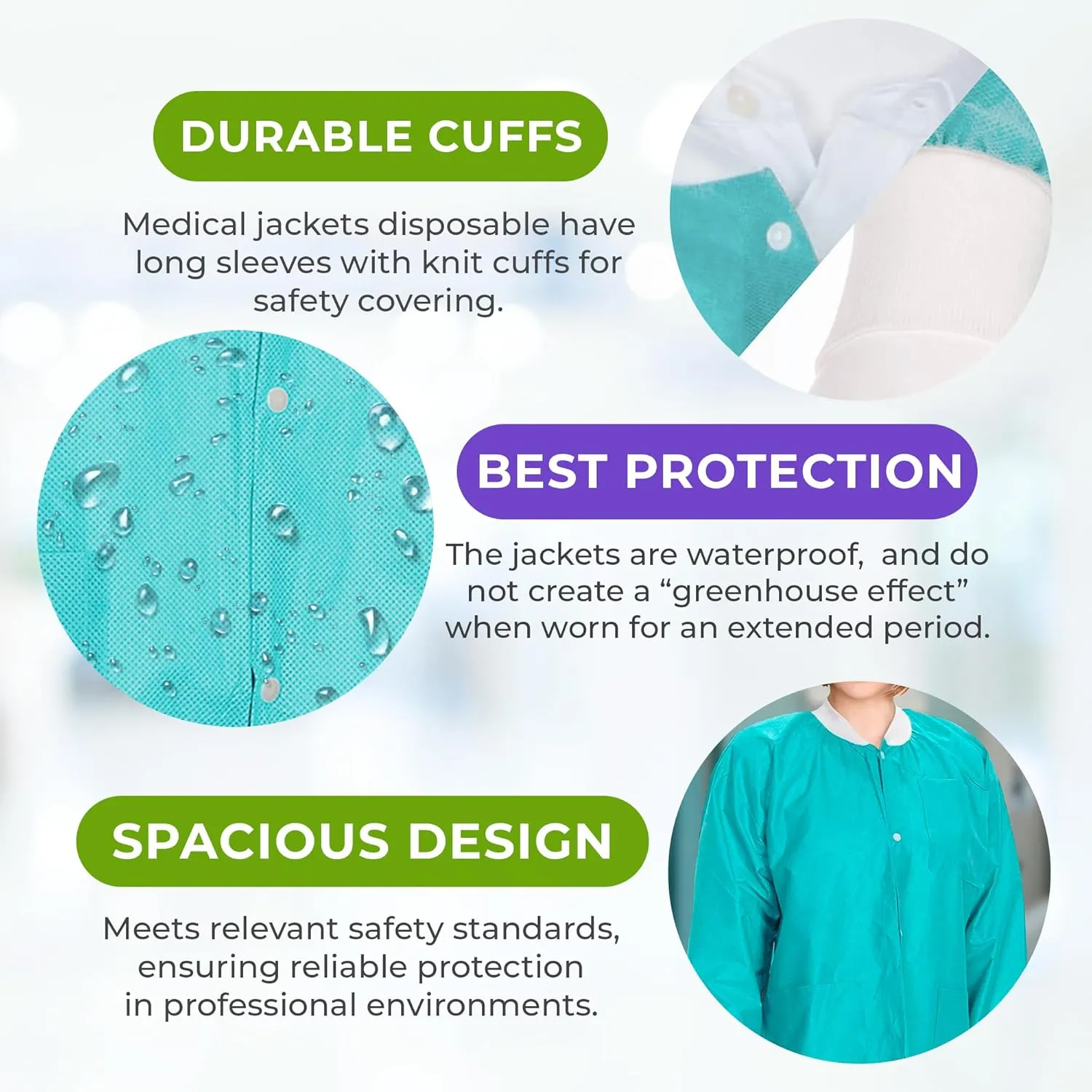 AMZ Medical Supply Teal Disposable Lab Jackets, Large. Pack of 10 Disposable Lab Coat 45 GSM SMS. Durable Medical PPE Jackets. Hip-Length Snap Front Jacket with Knit Cuffs & Collar, 3 Pockets