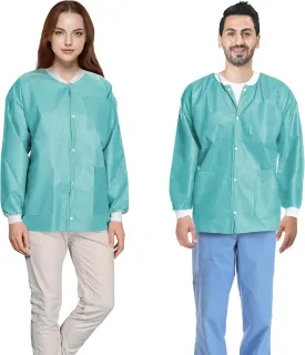 AMZ Medical Supply Teal Disposable Lab Jackets, Large. Pack of 10 Disposable Lab Coat 45 GSM SMS. Durable Medical PPE Jackets. Hip-Length Snap Front Jacket with Knit Cuffs & Collar, 3 Pockets