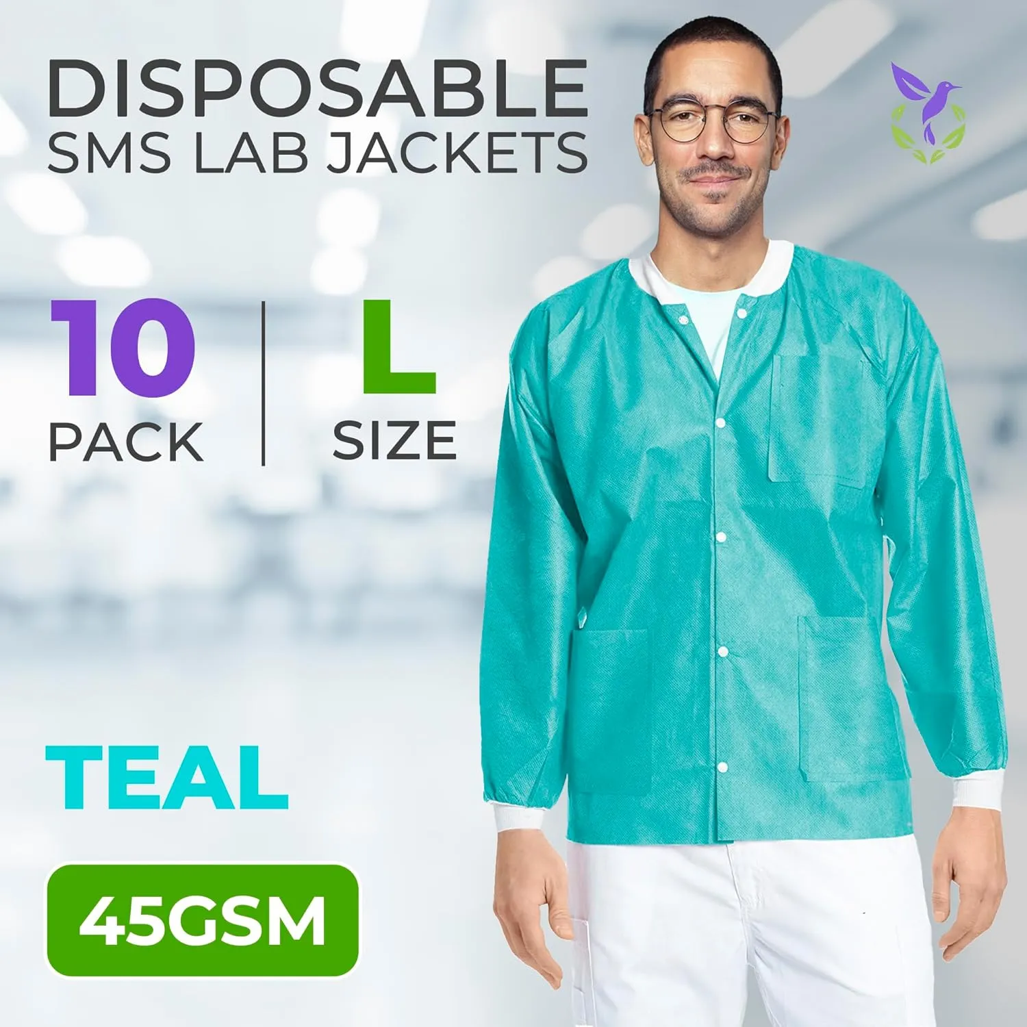 AMZ Medical Supply Teal Disposable Lab Jackets, Large. Pack of 10 Disposable Lab Coat 45 GSM SMS. Durable Medical PPE Jackets. Hip-Length Snap Front Jacket with Knit Cuffs & Collar, 3 Pockets