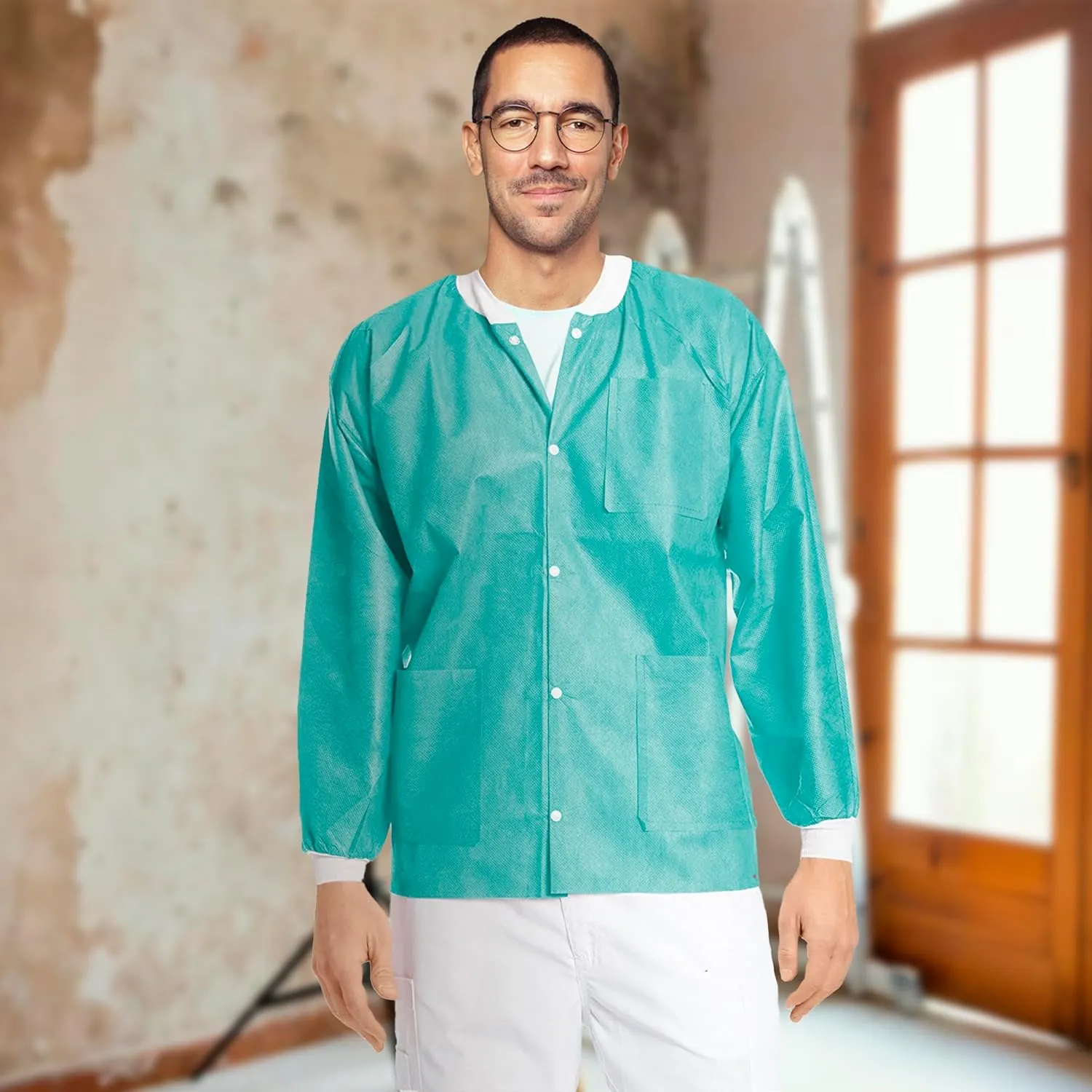 AMZ Medical Supply Teal Disposable Lab Jackets, Large. Pack of 10 Disposable Lab Coat 45 GSM SMS. Durable Medical PPE Jackets. Hip-Length Snap Front Jacket with Knit Cuffs & Collar, 3 Pockets