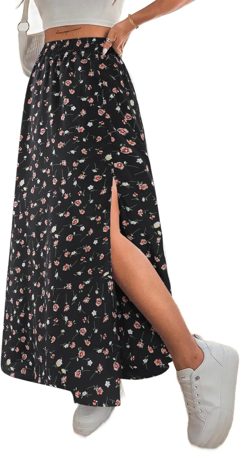Avanova Women Boho Floral Slit Maxi Skirt Split Thigh High Waisted Long Sexy Skirt
