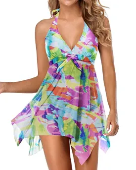 Backless Asymmetrical Handkerchief Swimdress For Women-Color Tie Dye