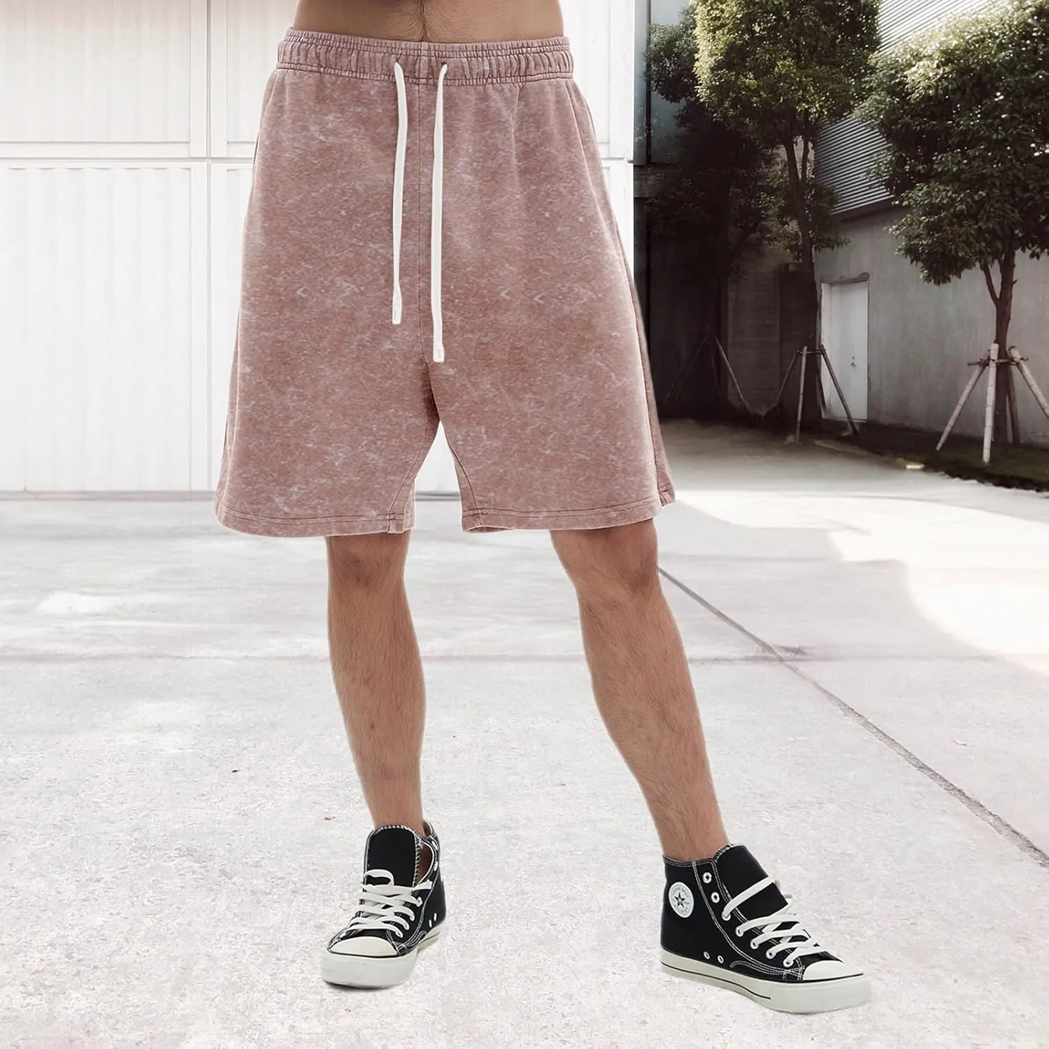 Bobeutou Mens Athletic Vintage Cotton Shorts Drawstring Summer Beach Elastic Waist Streetwear Baggy Gym Shorts with Pockets