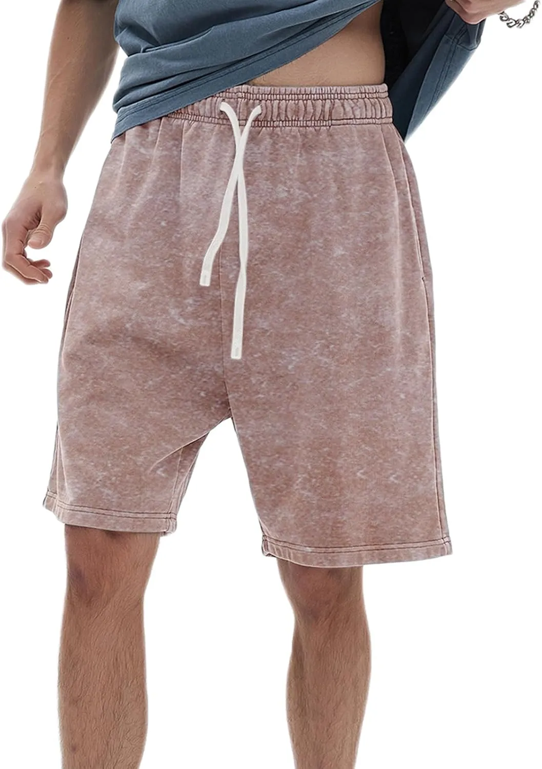 Bobeutou Mens Athletic Vintage Cotton Shorts Drawstring Summer Beach Elastic Waist Streetwear Baggy Gym Shorts with Pockets