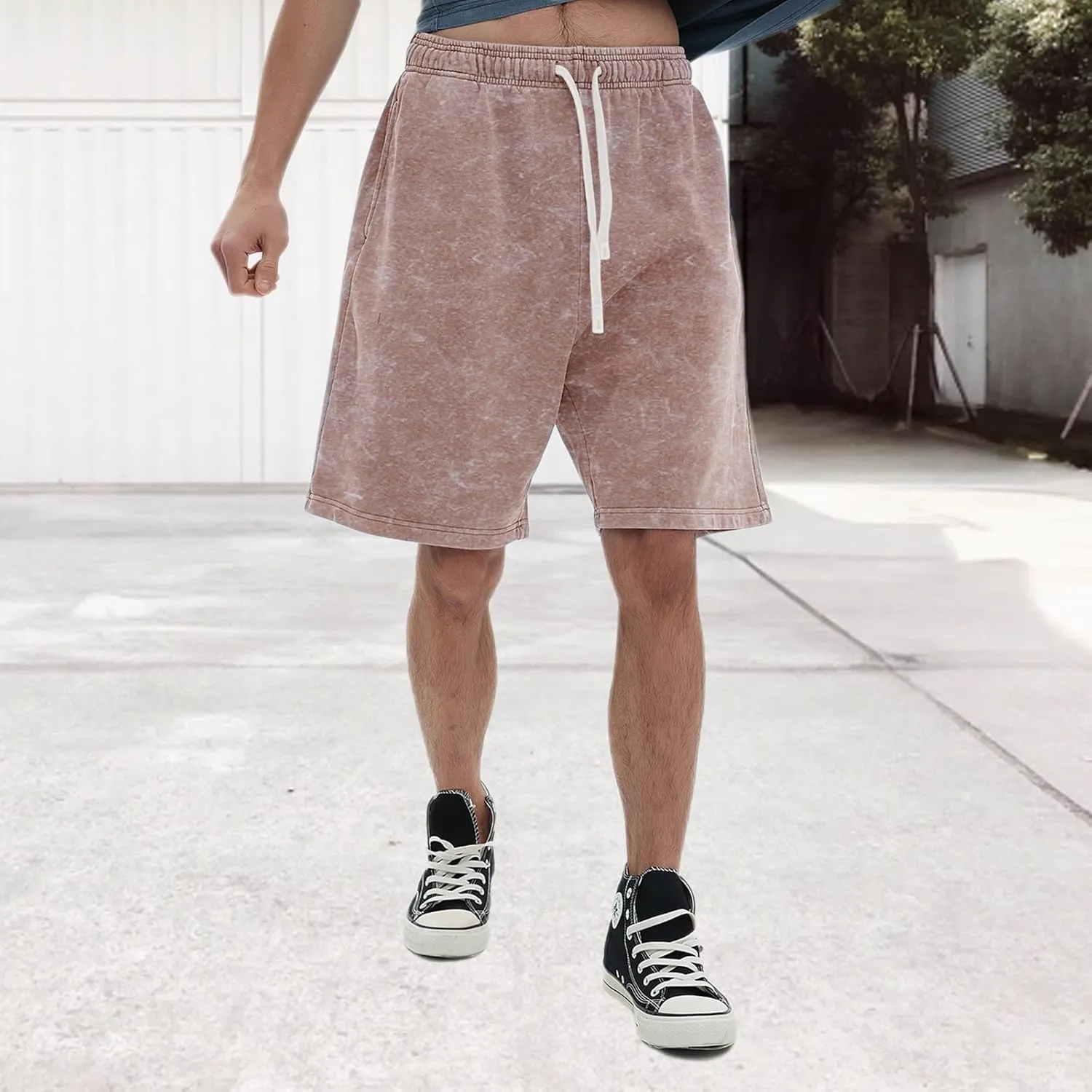 Bobeutou Mens Athletic Vintage Cotton Shorts Drawstring Summer Beach Elastic Waist Streetwear Baggy Gym Shorts with Pockets