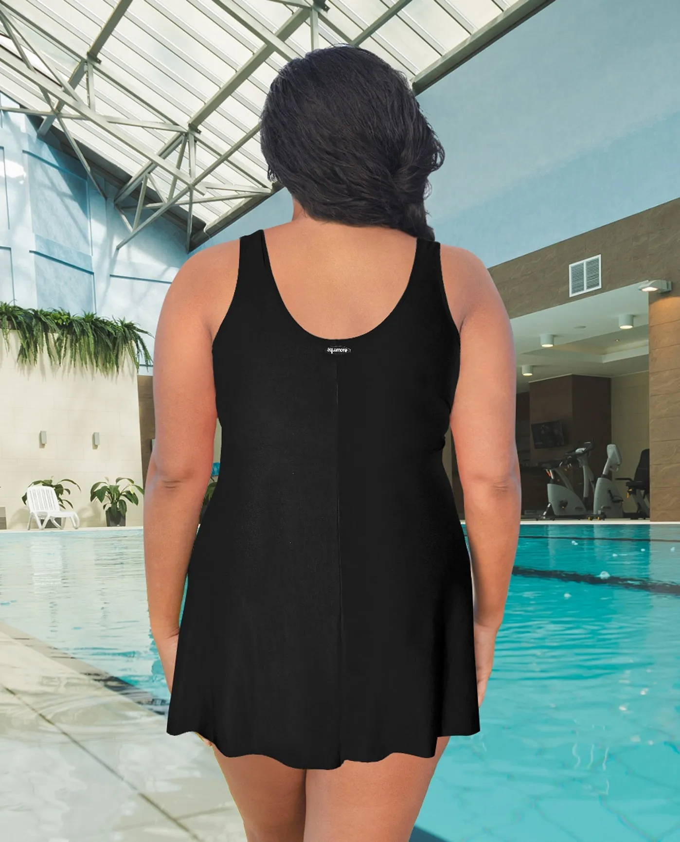 CHLORINE RESISTANT AQUAMORE SOLID V-WAIST 1X-8X PLUS SIZE SWIMDRESS