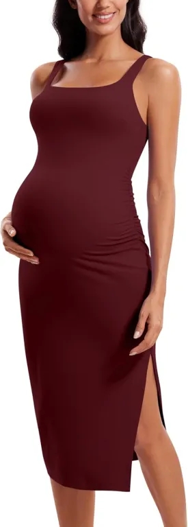 CRZ YOGA Women Butterluxe Sleeveless Tank Maternity Dress Split Ruched Pregnancy Square Neck Bodycon Casual Baby Shower