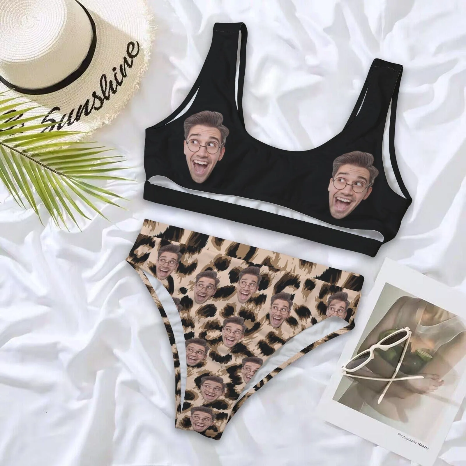 Custom Face Black Leopard Women's High Waisted Bikini Sets Personalized High Cut Swimsuits Sporty Cut Out Swimsuits Bathing Suits