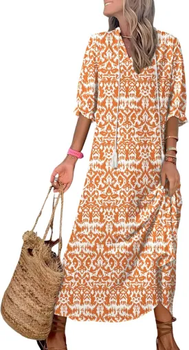 Dokotoo Women Boho Summer Dress 2024 Frill Short Sleeve Tassel V Neck Ruffle Flowy A-Line Maxi Dresses