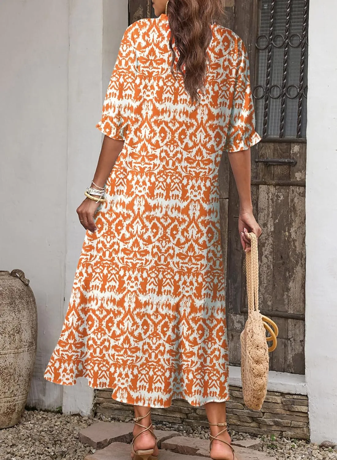 Dokotoo Women Boho Summer Dress 2024 Frill Short Sleeve Tassel V Neck Ruffle Flowy A-Line Maxi Dresses