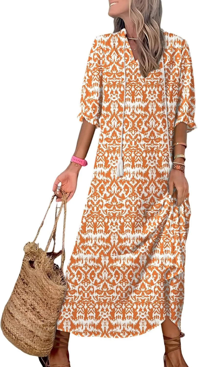 Dokotoo Women Boho Summer Dress 2024 Frill Short Sleeve Tassel V Neck Ruffle Flowy A-Line Maxi Dresses