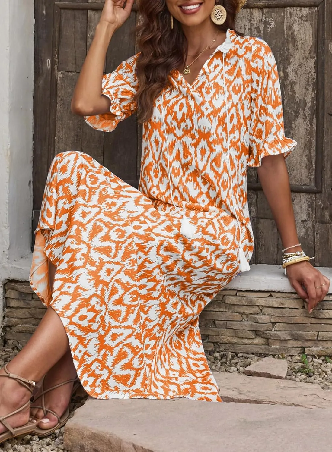 Dokotoo Women Boho Summer Dress 2024 Frill Short Sleeve Tassel V Neck Ruffle Flowy A-Line Maxi Dresses