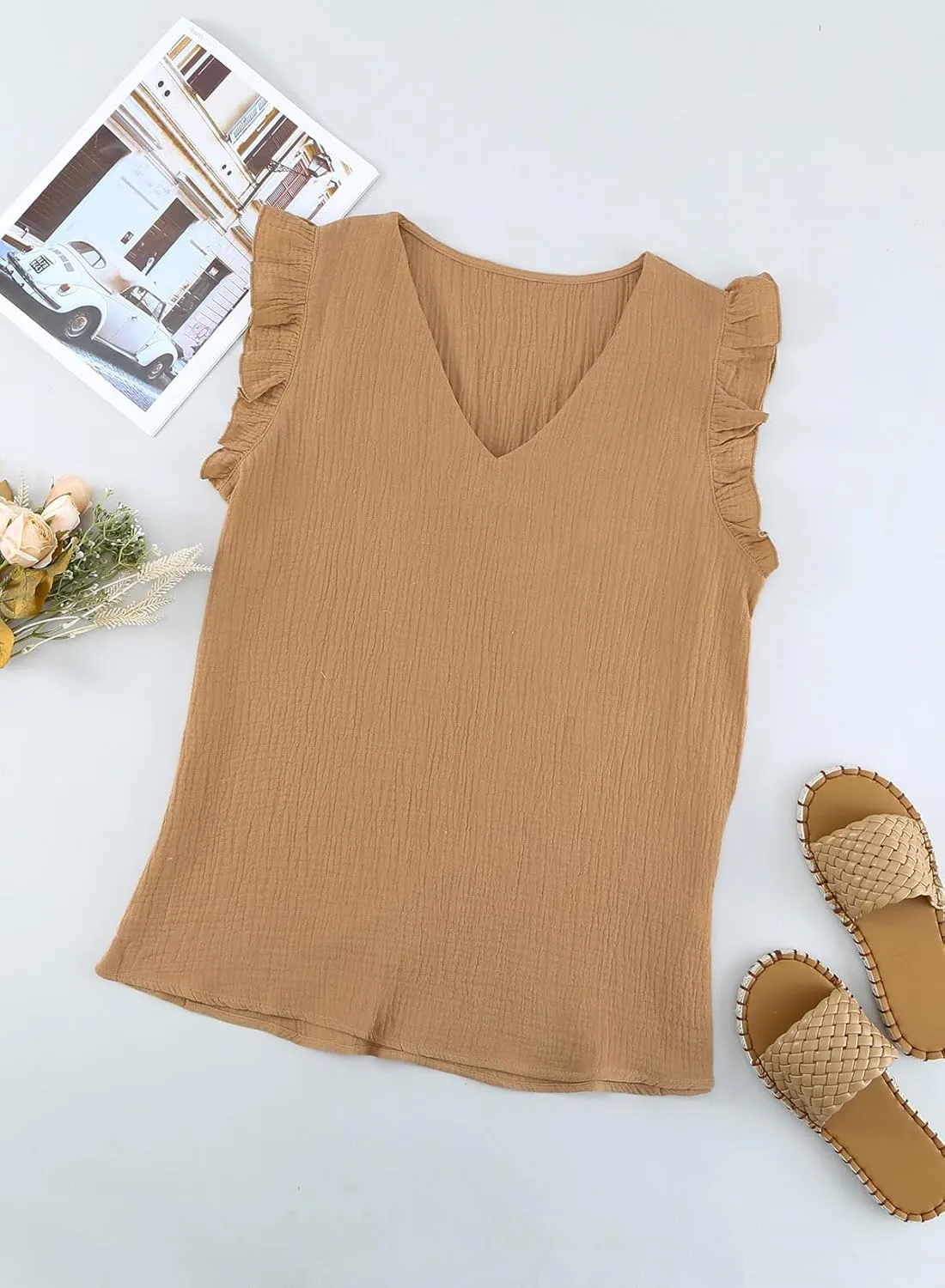 Dokotoo Womens 2025 Cute V Neck Ruffle Sleeveless Shirts Elegant Tank Tops Blouses