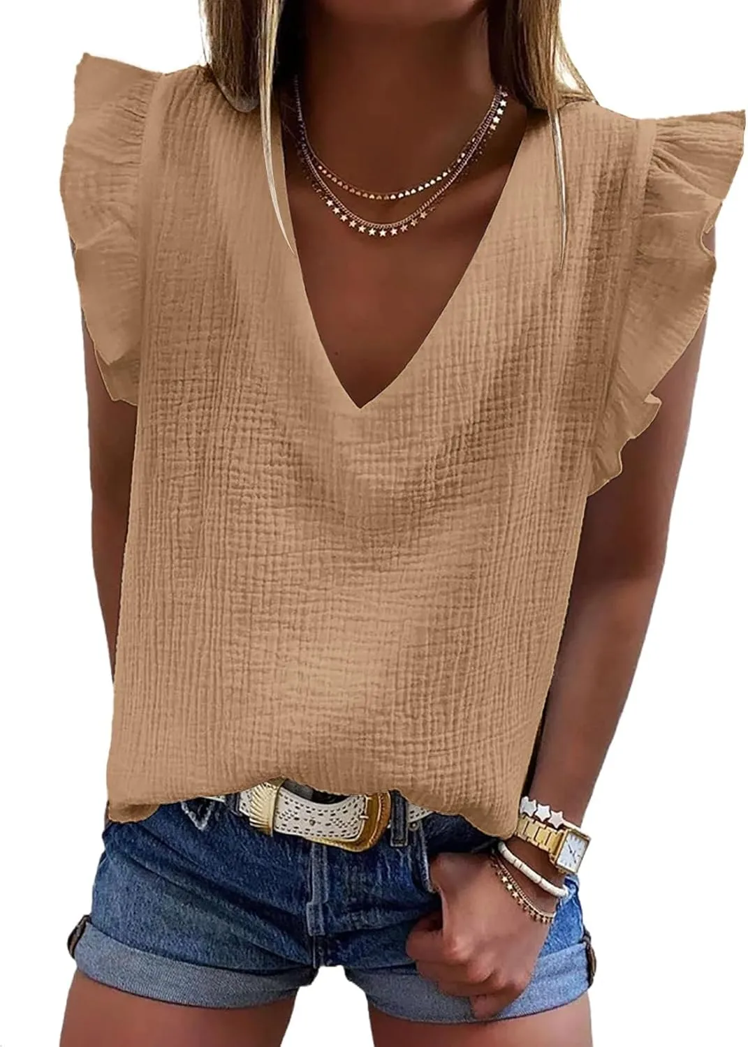 Dokotoo Womens 2025 Cute V Neck Ruffle Sleeveless Shirts Elegant Tank Tops Blouses