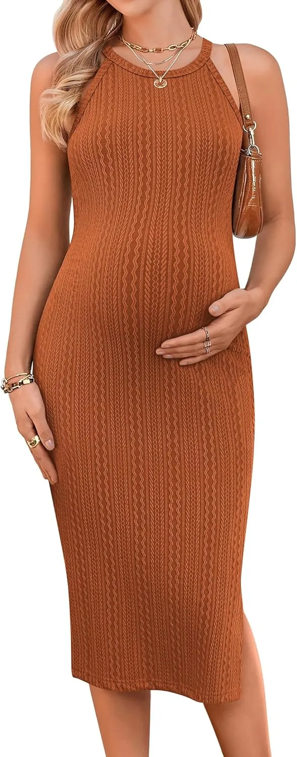 Ekouaer Maternity Dress Rib Knit Side Slit Stretchy Bodycon Pregnancy Dresses Halter Neck Sleeveless Pregnant Clothes