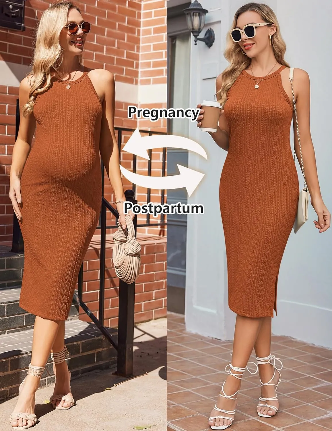 Ekouaer Maternity Dress Rib Knit Side Slit Stretchy Bodycon Pregnancy Dresses Halter Neck Sleeveless Pregnant Clothes