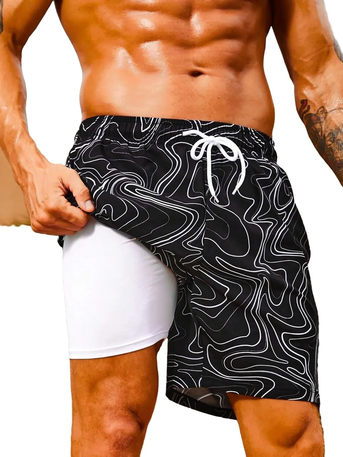 Floerns Men's Beach Swim Trunks with Compression Liner 7 Inch Quick Dry Swim Board Shorts Swimwear Bathing Suits Swimsuit
