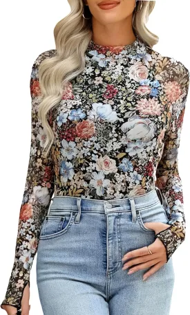 Floral Mesh Top for Women Mock Neck Long Sleeve Floral Shirts Date Night Outfit