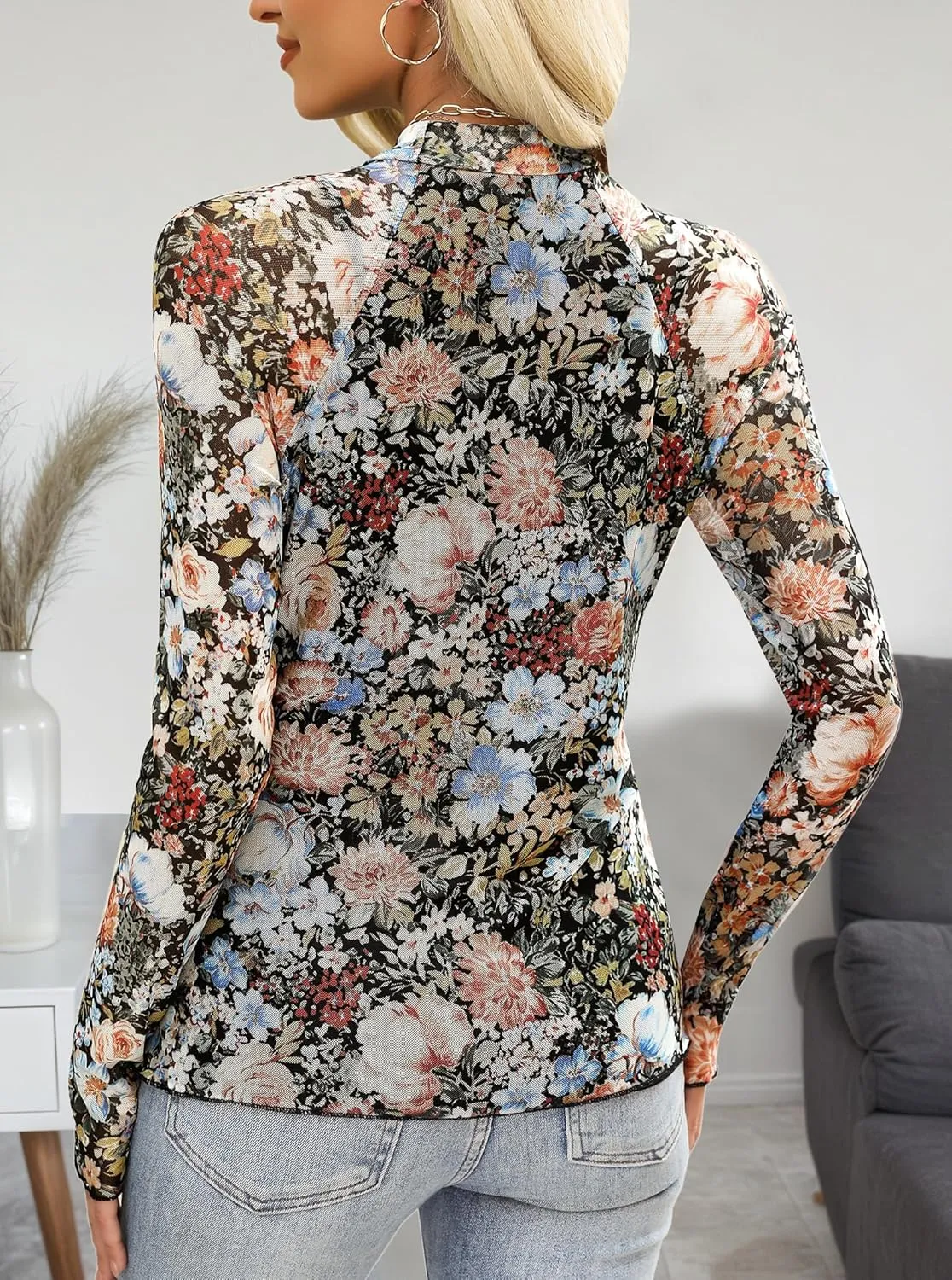 Floral Mesh Top for Women Mock Neck Long Sleeve Floral Shirts Date Night Outfit