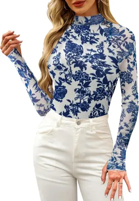 Floral Mesh Top for Women Mock Neck Long Sleeve Floral Shirts Date Night Outfit