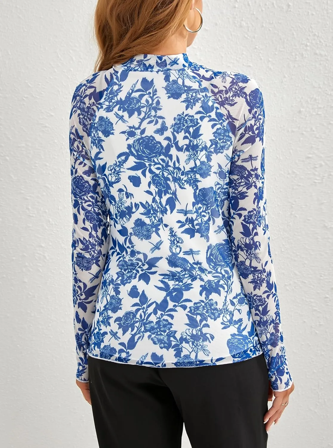 Floral Mesh Top for Women Mock Neck Long Sleeve Floral Shirts Date Night Outfit