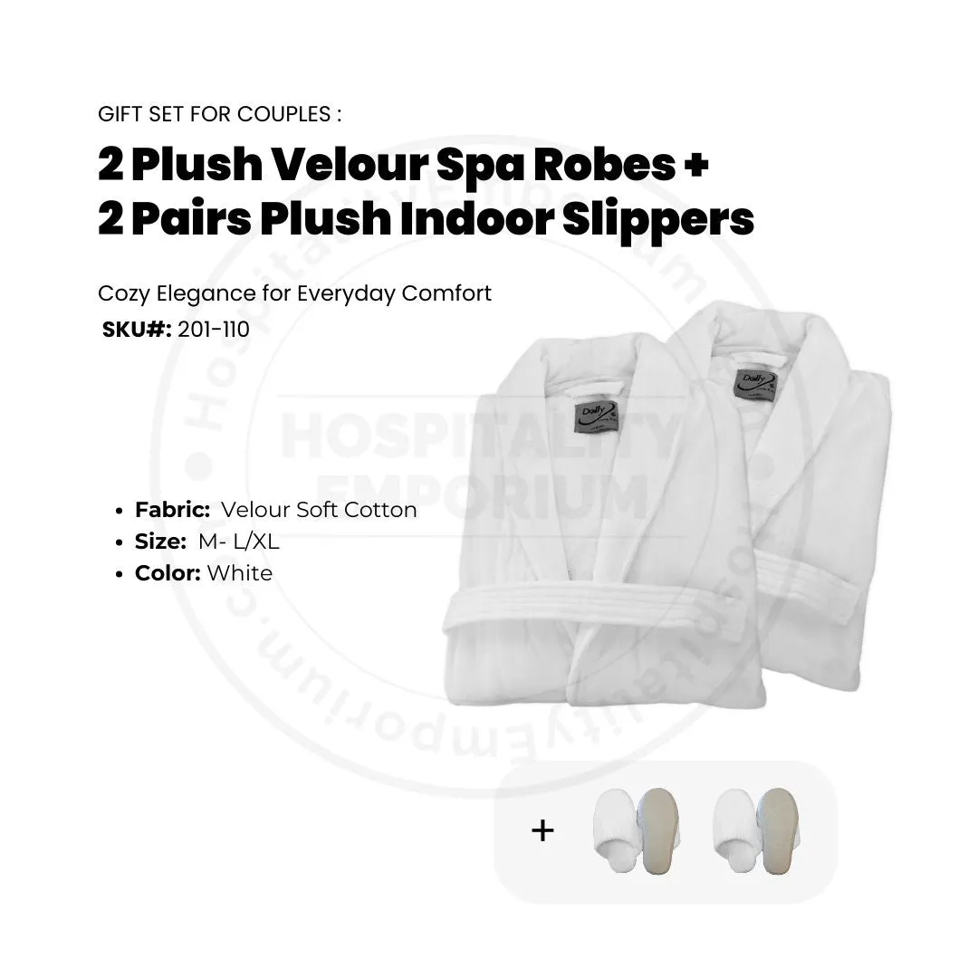 GIFT SET FOR COUPLES  2 Plush Velour Soft Cotton Shawl Collar Spa Robes White Size: M- L/XL   2 Pairs Plush Indoor Slippers Unisex 1/Pack