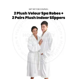 GIFT SET FOR COUPLES  2 Plush Velour Soft Cotton Shawl Collar Spa Robes White Size: M- L/XL   2 Pairs Plush Indoor Slippers Unisex 1/Pack