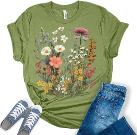GyftWear Womens Floral Shirts Wildflower Vintage Graphic Tees Spring Short Sleeve Cottagecore T Shirts Bella Summer Tops
