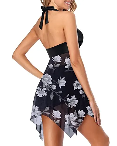 Halter V Neck Swim Dress Two Piece Swimsuit For Women-Black