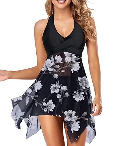 Halter V Neck Swim Dress Two Piece Swimsuit For Women-Black