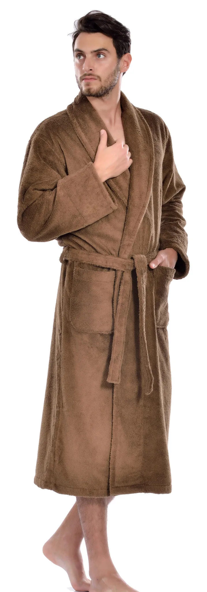 Hiera Home 100% Premium Turkish Cotton Men's Terry Bathrobe, Coffee, OSFM
