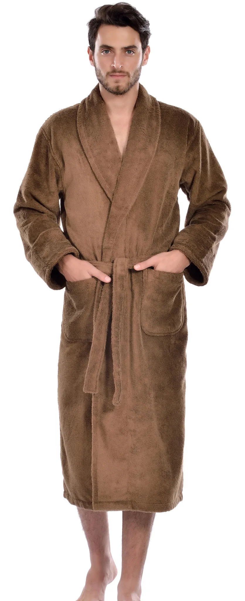 Hiera Home 100% Premium Turkish Cotton Men's Terry Bathrobe, Coffee, OSFM