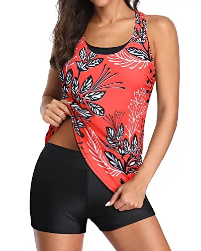 High Waisted Athletic Sports Bra Tankini Swimsuits For Women-Red Floral