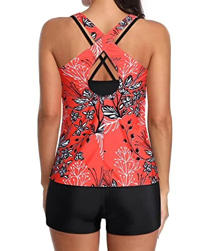High Waisted Athletic Sports Bra Tankini Swimsuits For Women-Red Floral
