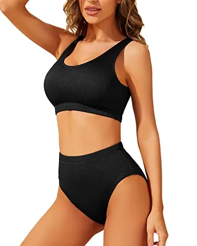 High Waisted Ribbed Bikini Two Piece Bathing Suit For Women-Black