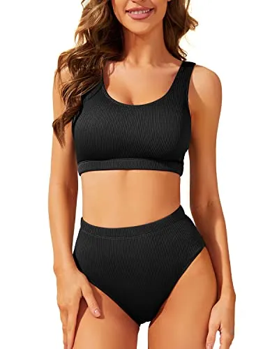 High Waisted Ribbed Bikini Two Piece Bathing Suit For Women-Black