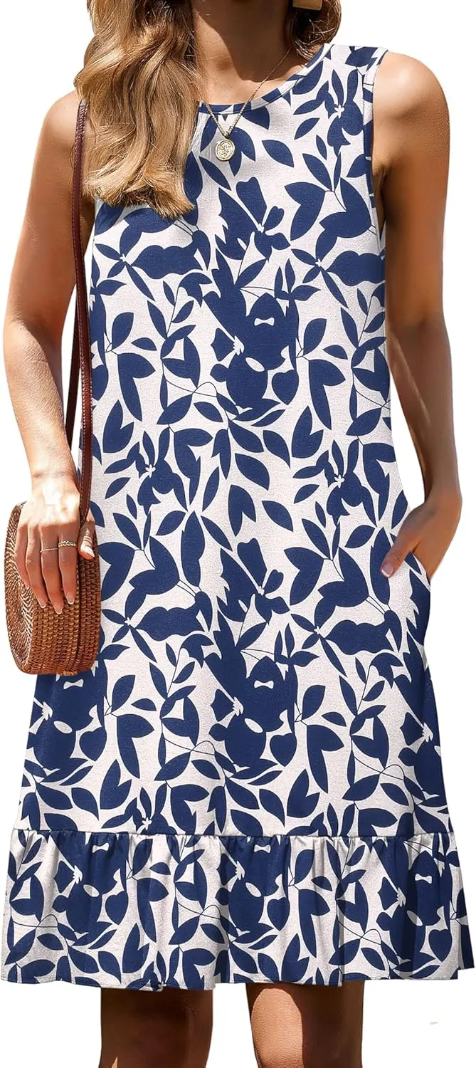 HOTOUCH Women's Summer Dresses Casual Loose Sleeveless Tshirt Sundress Ruffle Hem Tank Dress Beach Dress with Pockets