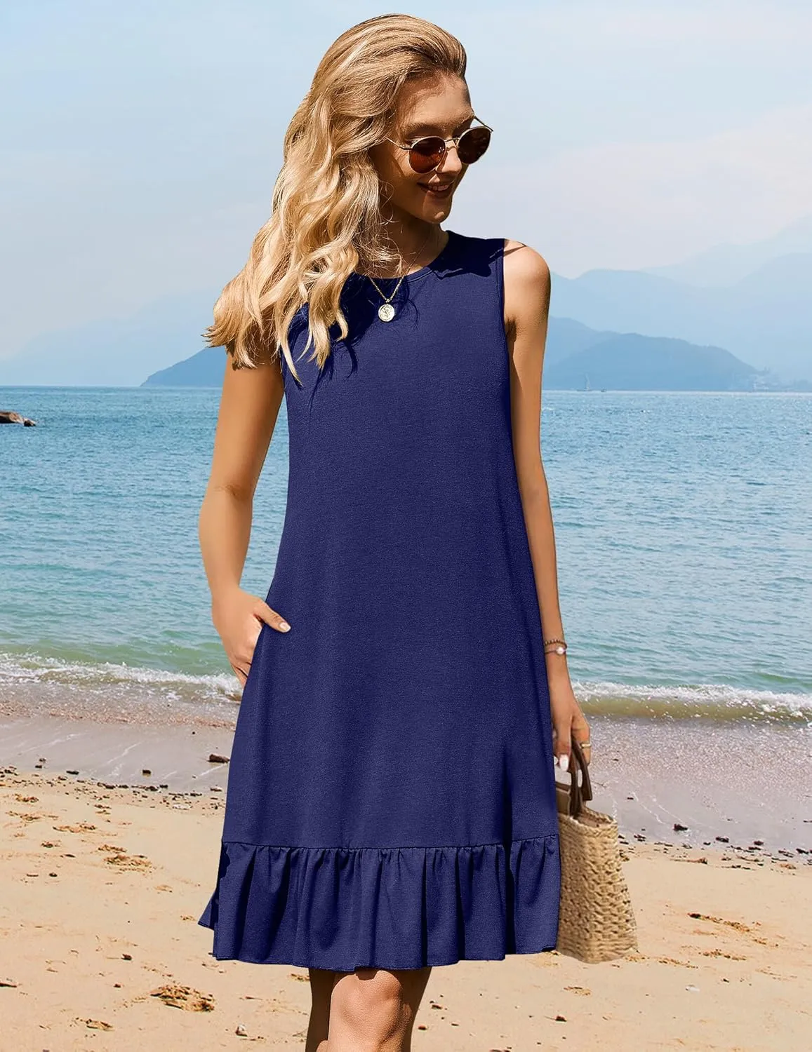 HOTOUCH Women's Summer Dresses Casual Loose Sleeveless Tshirt Sundress Ruffle Hem Tank Dress Beach Dress with Pockets