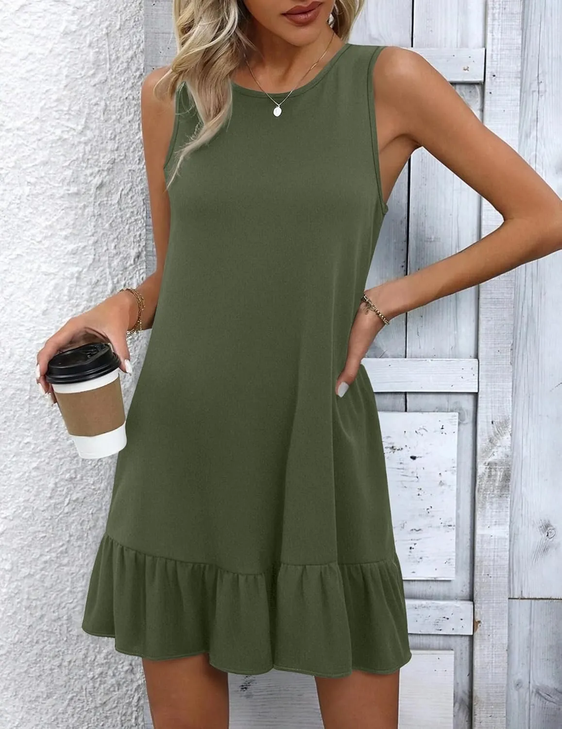 HOTOUCH Women's Summer Dresses Casual Loose Sleeveless Tshirt Sundress Ruffle Hem Tank Dress Beach Dress with Pockets