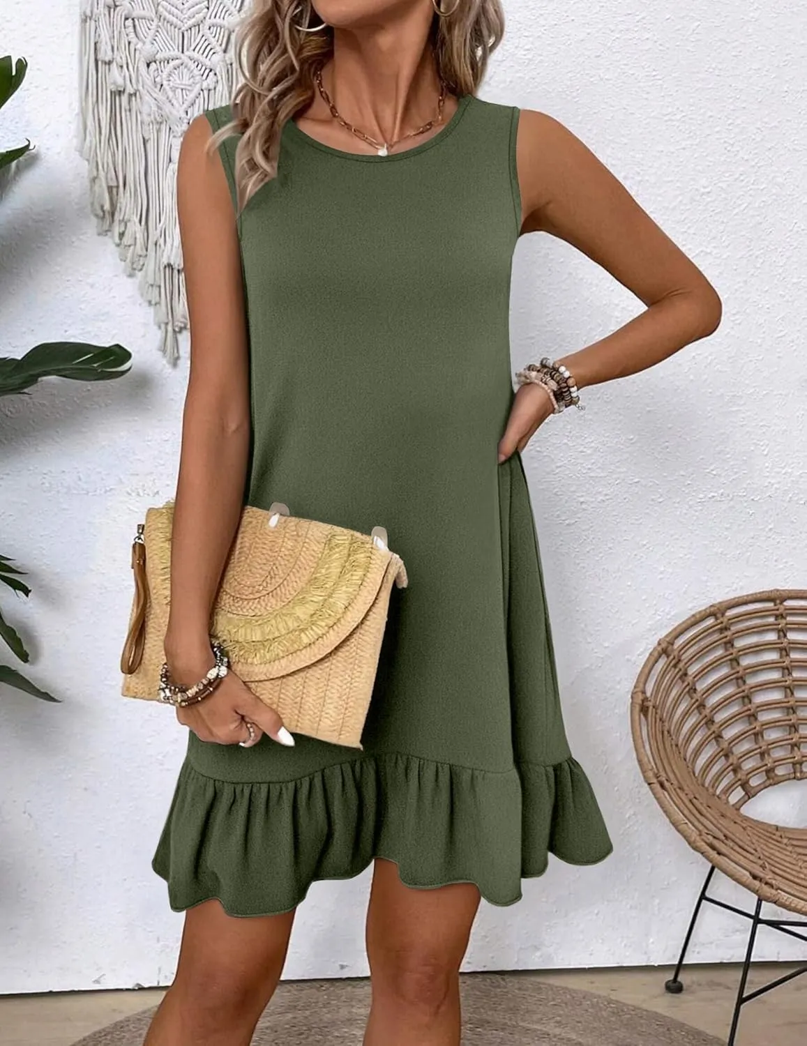 HOTOUCH Women's Summer Dresses Casual Loose Sleeveless Tshirt Sundress Ruffle Hem Tank Dress Beach Dress with Pockets