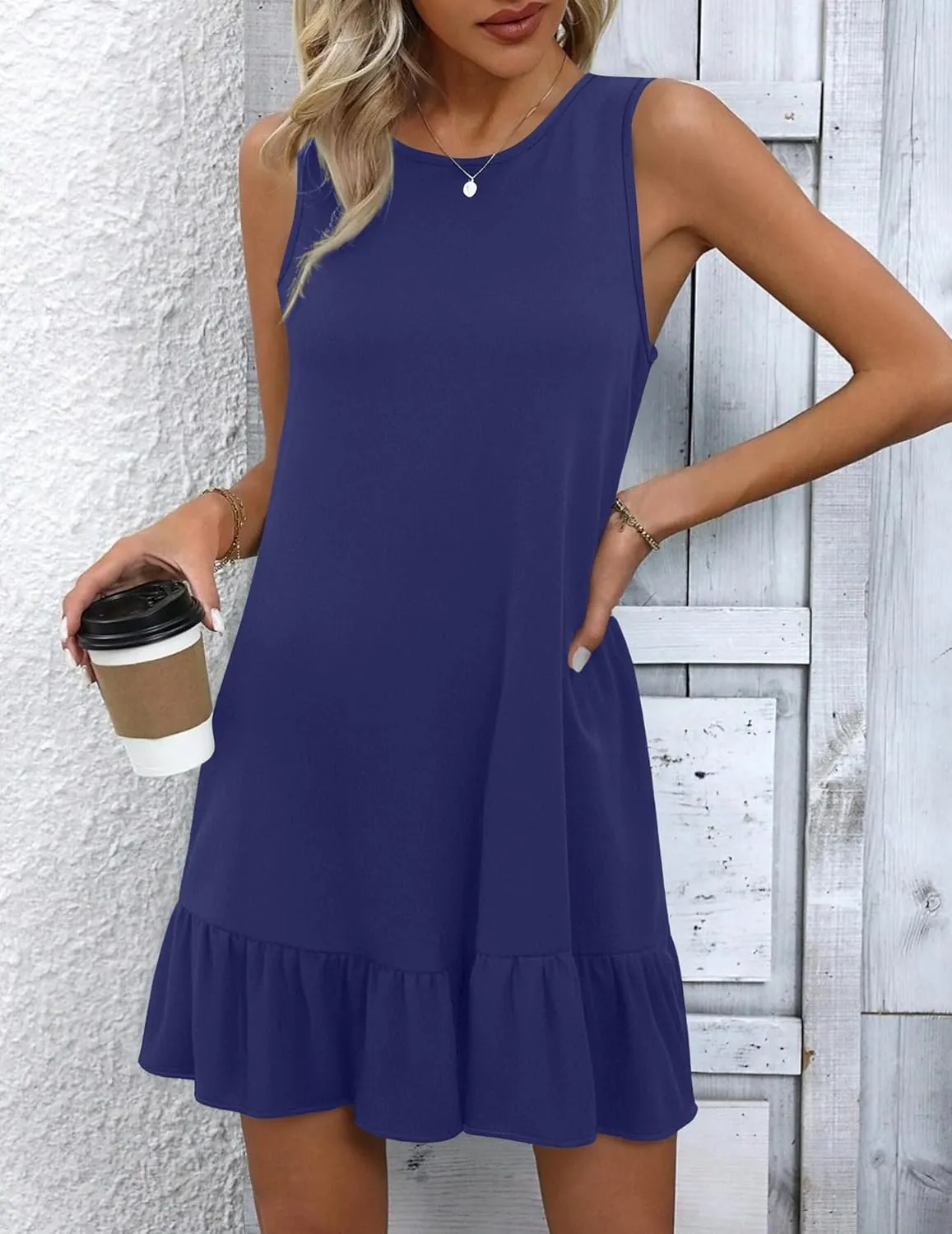 HOTOUCH Women's Summer Dresses Casual Loose Sleeveless Tshirt Sundress Ruffle Hem Tank Dress Beach Dress with Pockets