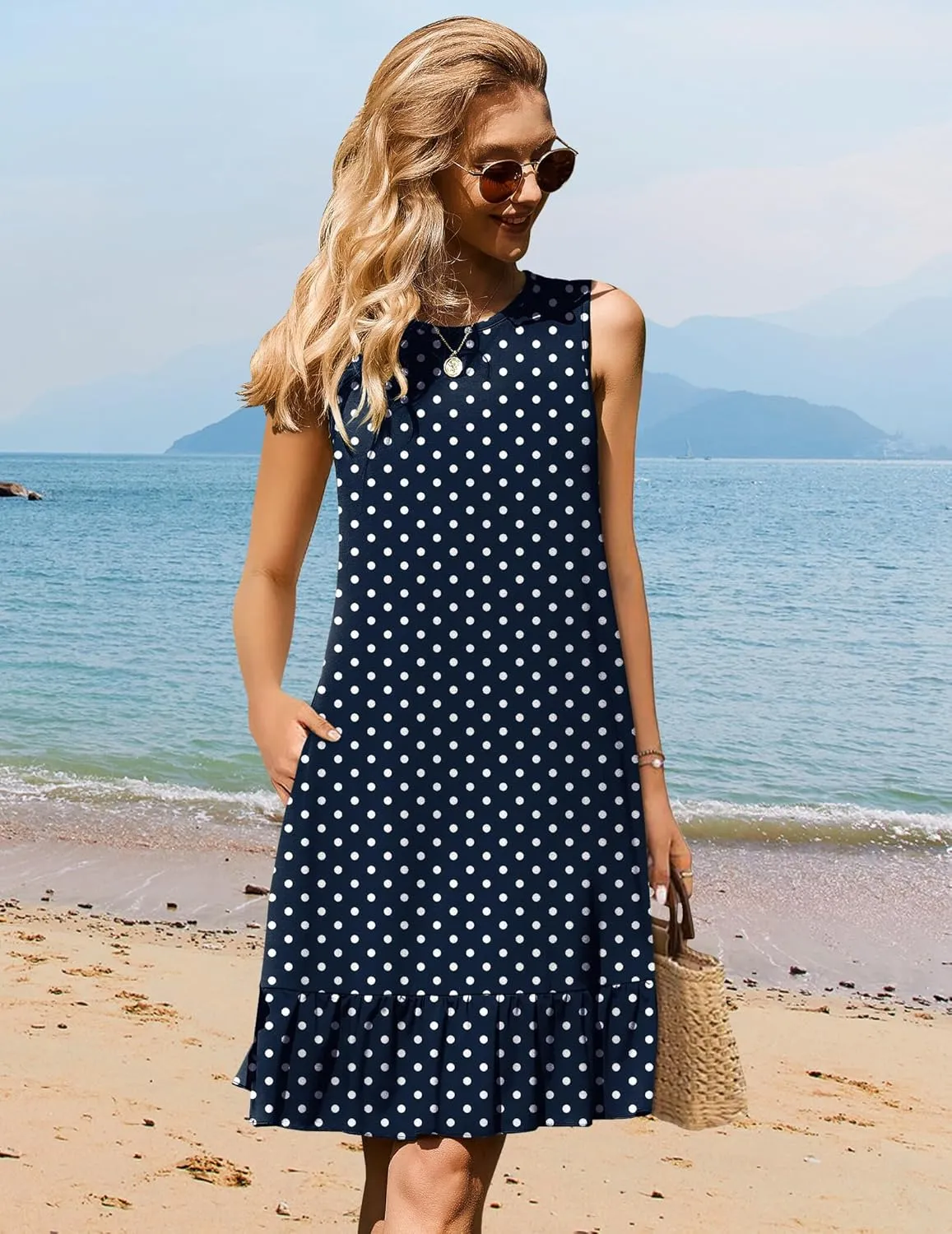 HOTOUCH Women's Summer Dresses Casual Loose Sleeveless Tshirt Sundress Ruffle Hem Tank Dress Beach Dress with Pockets