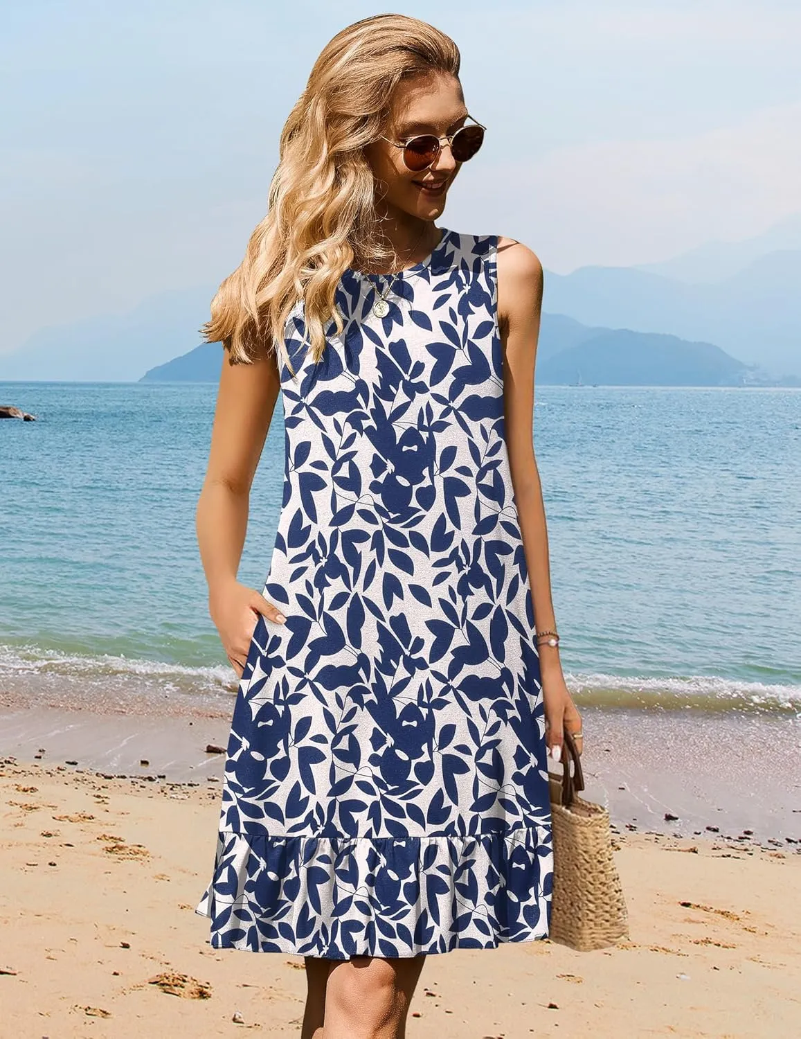 HOTOUCH Women's Summer Dresses Casual Loose Sleeveless Tshirt Sundress Ruffle Hem Tank Dress Beach Dress with Pockets