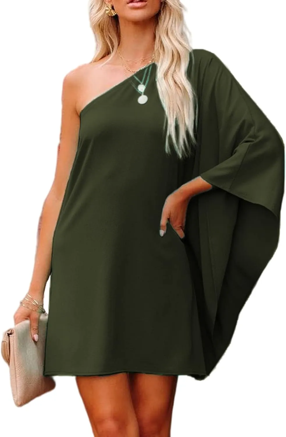 Jhsnjnr Women's Casual Batwing Sleeve One Shoulder Dresses Summer Club Party Cocktail Dresses